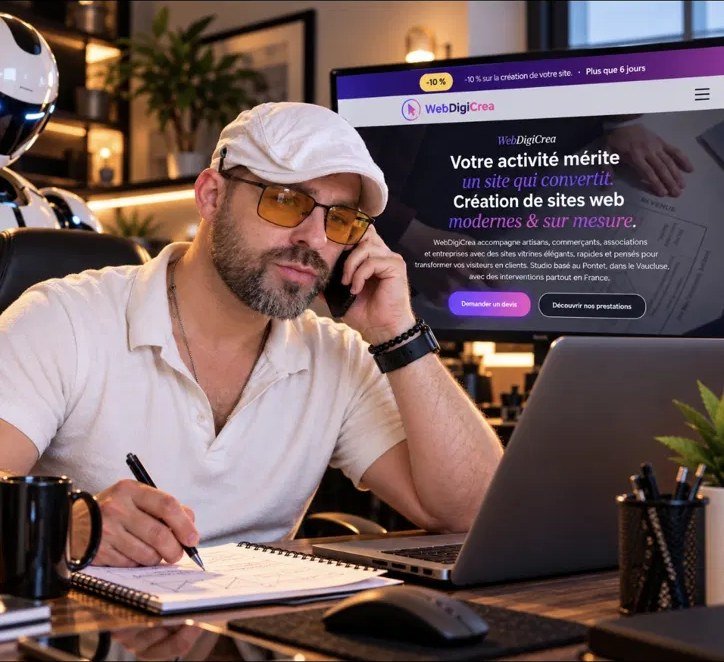 Le créateur de WebDigiCrea au téléphone à son bureau, devant un écran affichant le site
